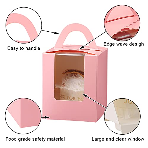 VGoodall 30 PCS Pink Cupcake Boxes, Single Cupcake Carrier with Window Insert and Handle Pastry Containers Muffins Cupcake Carriers for Bakery Wrapping Party Favor Packing