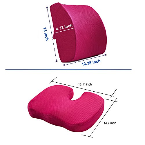 Qutool Seat Cushion Coccyx Orthopedic Memory Foam Lumbar Support Pillow with Non-slip Cover for Lower Back Tailbone and Sciatica Relief Office Chair Car Seat Pad with Adjustable Strap (Rose Red) - Thumbnail 2