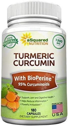aSquared Nutrition Turmeric Root Powder Curcumin Supplements 1300 mg with BioPerine Black Pepper Extract, 180 Capsules