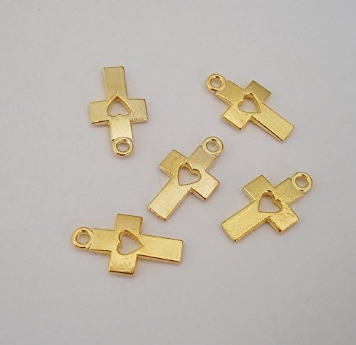 BeadsTreasure 10 Gold Plated Cross with a Heart Charm Pendant Jewelry Making Finding Supply.