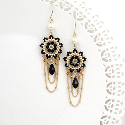 Designer Black and White Chandeiler Swarovski Crystal Goldfilled Long Earrings