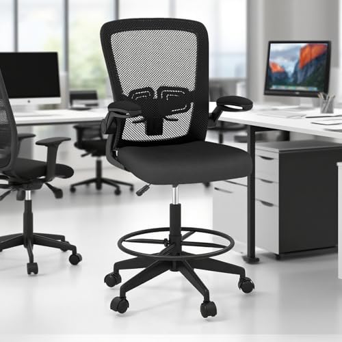 POWERSTONE Drafting Chair, Ergonomic Tall Office Chair for Standing Desk with 3IN Thick Cushion, Flip-up Arm, Adjustable Back Support & Footrest Workbench Rolling Stool Computer Chair (Black 1PCS)