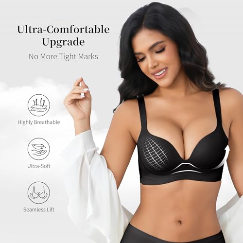 Zero Feel Bliss Women's Push-up Bra Without Underwire, Thin Cup Deep Neckline, Adjustable Wide Straps, Soft Breathable Invisible, Full Coverage with Support