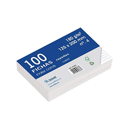 Dohe - Pack of 100 Smooth Lined White Index Cards - 180 g - No. 4-125 x 200 mm - FSC Mix AEN-COC-000243