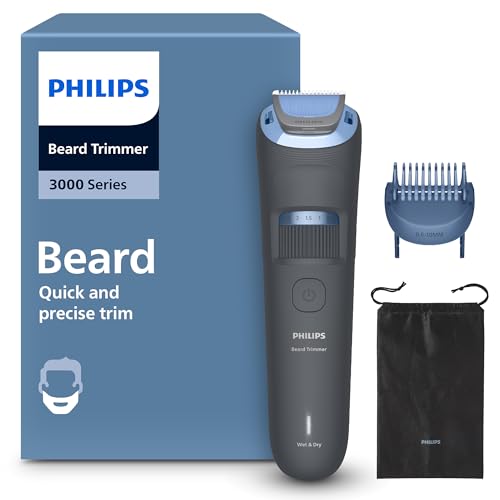 Tondeuse à barbe série 3000 – Lames angles arrondis, 20 hauteurs de coupe réglables, Sabot Lift & Trim, 100% étanche, Indicateur d’autonomie, Pochette souple, Recharge USB, Modèle BT3619/15