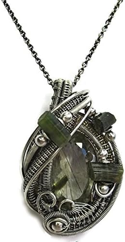 Tourmalinated Quartz Wire-Wrapped Necklace in Antiqued Sterling Silver with Green Tourmaline Crystals