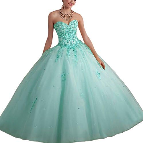 Princess Lace with Tulle Sweet 16 Prom Quinceanera Dress(4,Turquoise)