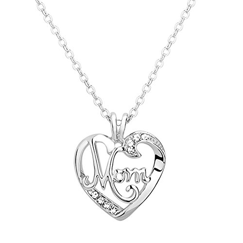 Mother's Day Series Hollow Rhinestone Heart with Words Pendant Necklace Best Gift for Moms Antique white MOM