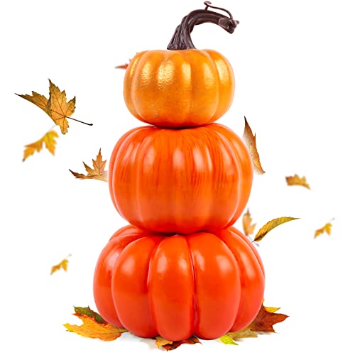 HAKACC Stacked Artificial Pumpkins, Pumpkin Tower 3 Layers Foam Pumpkin Set for Porch Home Thanksgiving Halloween Decoration