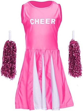 Kids Cheerleader Fancy Dress School Girls Sports Outfit Uniform Costume Pom Poms (Pink, S (5-7 Yr))