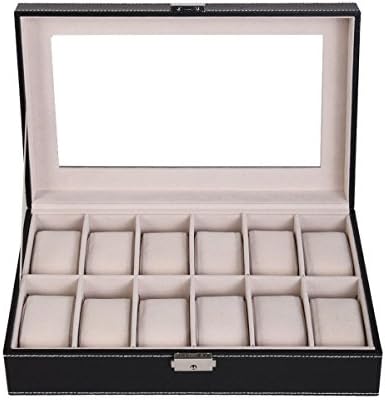 New Black 12 Slot Leather Black Watch Box Display Case Organizer Glass Top Jewelry Storage