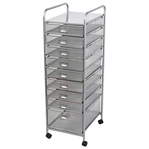 Metal Mesh 9 Drawer Rolling Cart Storage Organizer File Basket Cart Office&Home Cabinet-Silver