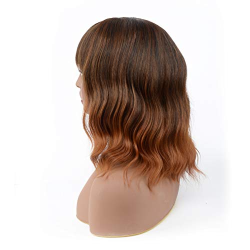 Short Wavy Bob Curly Wig With Bangs Mixed Brown Color For Women Shoulder Length Syntheic Hair Heat Resistant Fiber Hair for Women(14 inch)