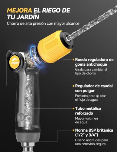 VOXON Pulverizador de Jardín de Metal de Alta Resistencia, Pistola Manguera Jardin Resistente y Duradera, Con Control Mediante el Pulgar y Flujo de Agua Ajustable, Ideal para Riego y Lavado de Coches