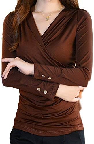 Amazon フォーリーフ レディース シャツ Vネック カシュクールデザインが素敵な長袖カットソー 袖口のボタンが可愛い シャツ ブラウス 通販