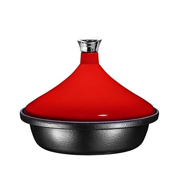 Bruntmor Fire Red Cast Iron Moroccan Tagine 4Quart Cooking Pot with Silver knob, Enameled Base