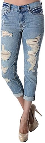 Eunina Women's Destructed Boyfriend Roll Up Jean Light Blue 11