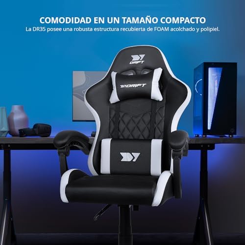 DR35 - Silla Profesional, Polipiel, Reposabrazos Acolchados, Pistón Clase 3, Base Nylon Reforzada, Asiento basculante, Altura Regulable, Cojín Lumbar/Cervical, Negro/Blanco