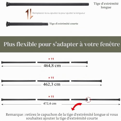 Curtain Rod, 71-472cm Extendable Curtain Rod with Lid and Brackets Stainless Steel Hardware Set Adjustable - 16mm Diameter Window Decorative for Living Room/Matte Black