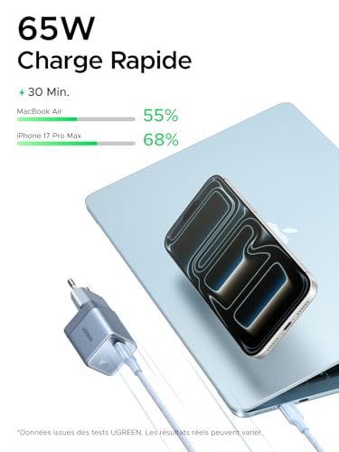 UGREEN Nexode Air 65W Chargeur USB C Rapide GaNInfinity avec Câble Compatible avec iPhone 17 Pro Max 16 Plus 15 14 13 12 Galaxy S26 S25 S24 Pixel 10 9 iPad MacBook Neo Air Pro M5 M4 M3 M2 M1 (Bleu)