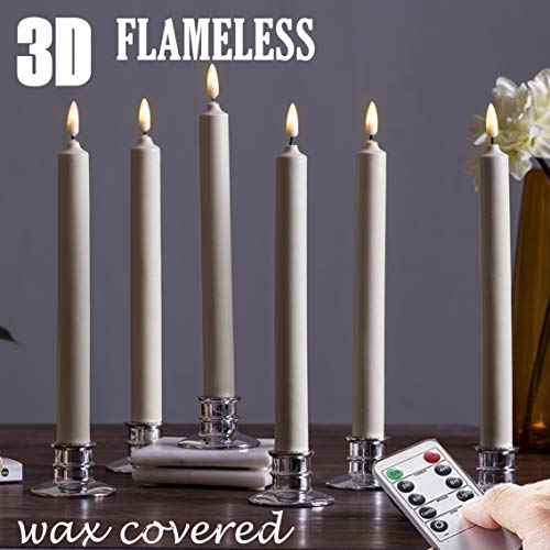 2019 New Flicking Flame Technology LED Window Candles, 6 Pack Battery Candles with Remote/Timer Function(Warm White Light) - with 6 Silver Candleholders