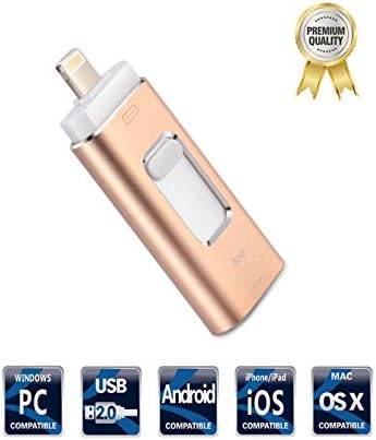USB Flash Drives for iPhone 32GB Pen-Drive Memory Storage, 3 in 1 Jump Drive Lightning Memory Stick External Storage, Memory Expansion for Apple IOS Android Computers (Gold)