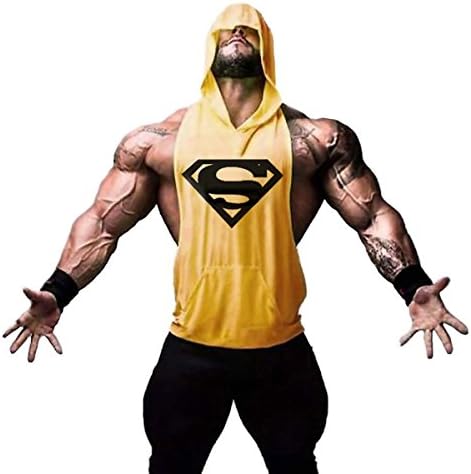 TECOFFER Bodybuilding Stringer Men's Hoodie Sleeveless T-shirts Workout Fitness Gym Tank Top (Yellow, XXL)