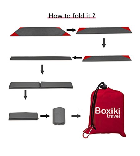 Compact Waterproof Pocket Beach Blanket by Boxiki Travel. Portable Lightweight Folding Tarp with Red Travel Case. Outdoor Picnic Camping Blanket with Easy Attachment Clip