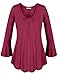 Nomorer Womens Pleated V Neck Long Bell Sleeves Solid Basic Blouse Top