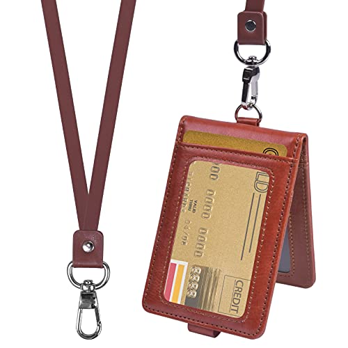 Smatime 2-Sided PU Leather Badge Holder, Slim Credit Card Wallet with Removable Neck Lanyard, ID Window, Card Slots for Employee School Student, Brown