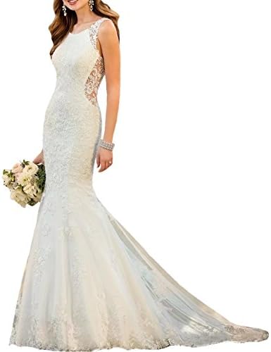 Holygift Women's Classic Mermaid Lace Appliques Backless Wedding Dresses for Bride 2018 Ivory US4