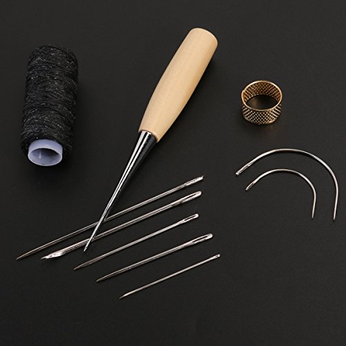 OSOF Curved Upholstery Repair Kit Hand Sewing Needles Set with Leather Waxed Thread Cord Drilling Awl, Thimble and 2pair Needle Felting Guards Finger Protectors for Leather Sewing Leathercraft Working - Thumbnail 5