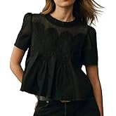 synound Women’s Lace Flared Short Sleeve Blouse Lace Poplin Ruffle Mesh Crew Neck Swing Babydoll Tops Elegant Loose Shirts