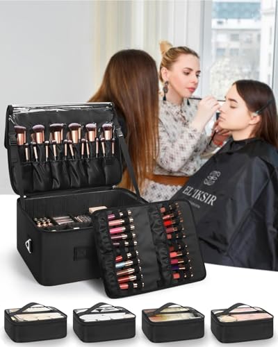 Relavel XXL Professional Makeup Case with Brush Holder, 4 Clear Pockets, Lipstick Tray, Shoulder Strap and Adjustable Compartments for Makeup Artists