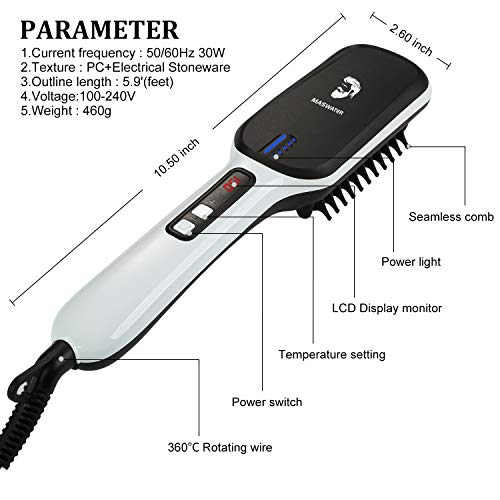 Beard Straightener for Men, MASWATER- Beard Straightening Brush Comb Ionic with PTC Ceramic Technology, Auto Temperature Lock, LED Display Monitor, Faster Heat - Thumbnail 6