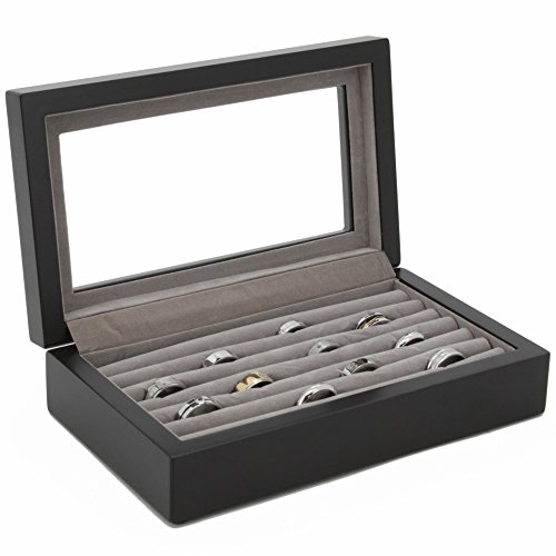 Ring Storage Box Display Case Wood 6 Rows Glass Window (Black)