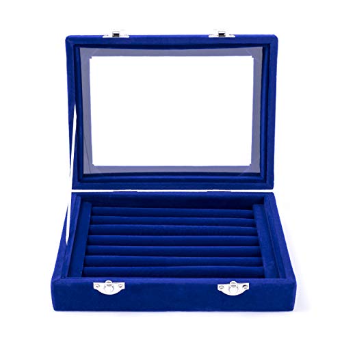 Hivory Ring Earrings & Studs Organizer Jewelry Box for Teen Girls ~7 Rows to hold Rings Earrings & Studs ~ Display Ring & Earring Box ~ Jewelry Storage & Display Box For Dressing Room or Travel (Blue)