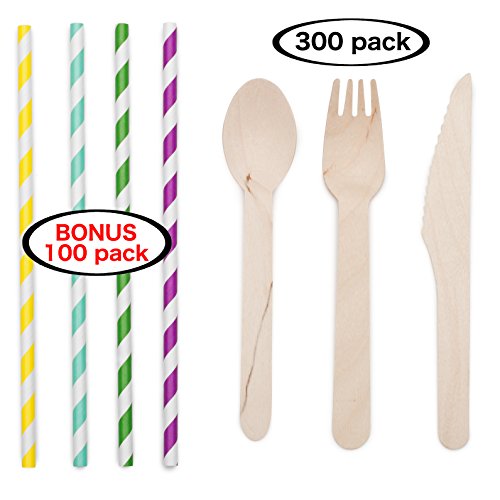 Disposable Wooden Cutlery Set of 300 pcs (100 Forks, 100 Knives, 100 Spoons Utensils Combo Kit), 6.5 inches, 100% Natural Silverware. Bonus Paper Straws 100 pcs, 8 inches, Assorted Colors, Striped