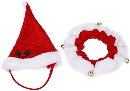 Rukiwa 2Pcs Set Pet Dog Cat Xmas Santa Hat And Collar With Bells Christmas (L)