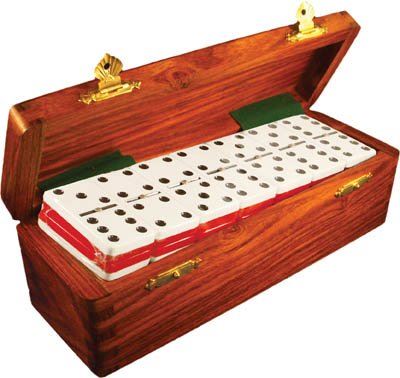Domino Double Six Two Tone Red & White in Dovetail Jointed Sheesham Wood Box - Jumbo Tournament Size With spinners