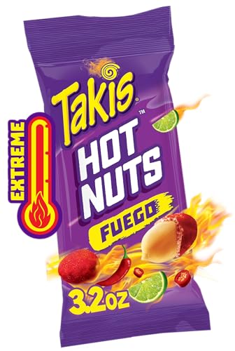 TAKIS HOT NUTS FUEGO DOUBLE CRUNCH PEANUTS, HOT CHILI PEPPER AND LIME ARTIFICIALLY FLAVORED PEANUTS, 3.2 OUNCE BAG