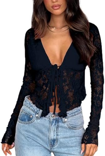 ABYOVRT Women Going Out Tops Ruffle Trim Button Front V Neck