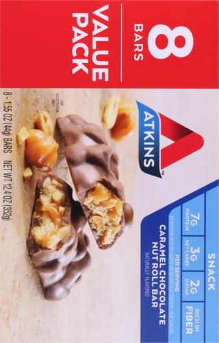 ATKINS CARAMEL CHOCOLATE NUT ROLL SNACK BAR, PROTEIN SNACK, HIGH IN FIBER, 2G SUGAR, 8 COUNT