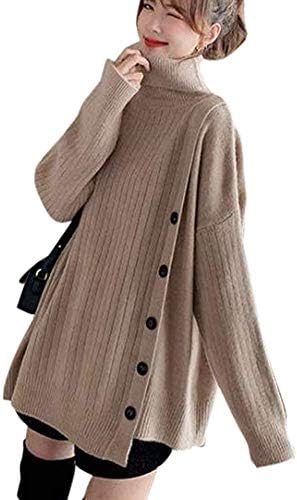 [ニューネ] ふんわり ハイネック サイドボタン リブ ニット セーター チュニック M～XL レディース