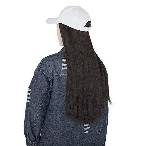 22″ Detachable Baseball Cap With Synthetic Hair Extensions Long Straight Hairpiece Wig with Adjustable White Baseball Hat