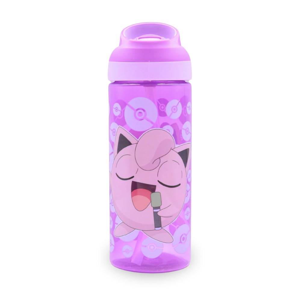 HOX POKEMON JIGGLYPUFF Reusable BPA free Kids Atlantic Water Hydration Bottle with built in Carry Loop, Flip Up Spout and removeable straw - 600ml, Pink