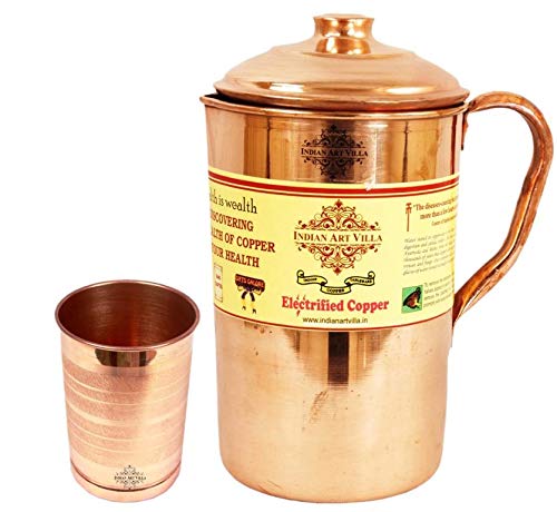 Indian Art Villa Copper Jug Pitcher with Glass Tumbler, Drinkware & Serveware Set, Ayurveda, 2 Pieces