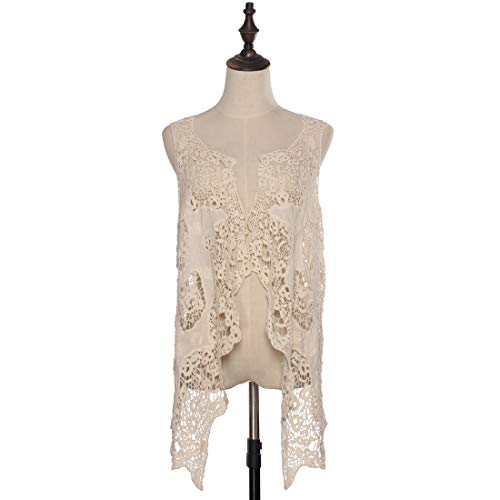 jastie Open Stitch Cardigan Boho Hippie Crochet Vest (A-Cream)