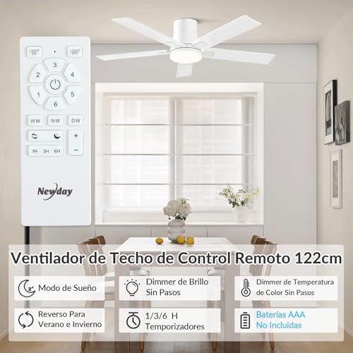 Newday 122 cm White Ceiling Fan with Light and Control, Ceiling Fan Lamp with 5 2 Colour Blades, Reversible DC Motor Quiet, Memory Function, Dimmable LED for Bedroom Office