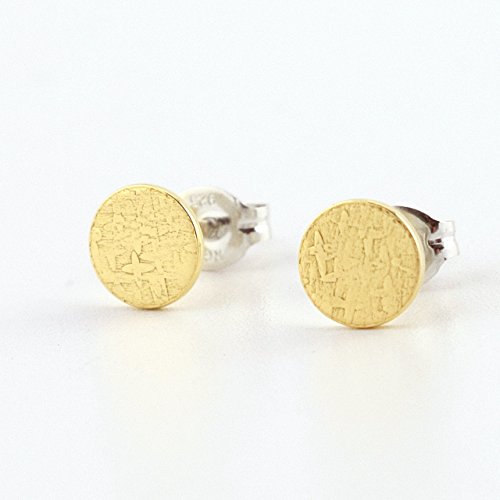 Stardust Textured Brass Circle Stud Earrings - Brass Circle with Sterling Silver Post